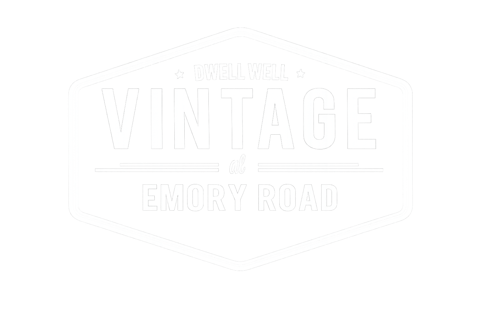 A black and white logo for Dwell Well Vintage at Emory Road.